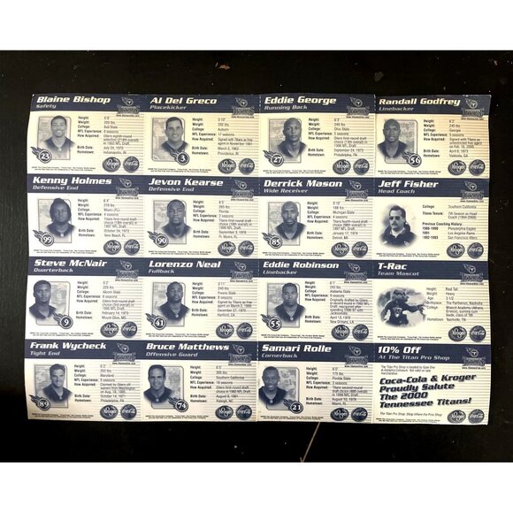 Vtg 2000 Tennessee Titans Coca Cola Coke Kroger Promo Sheet of Football 15 Cards - Picture 2 of 5